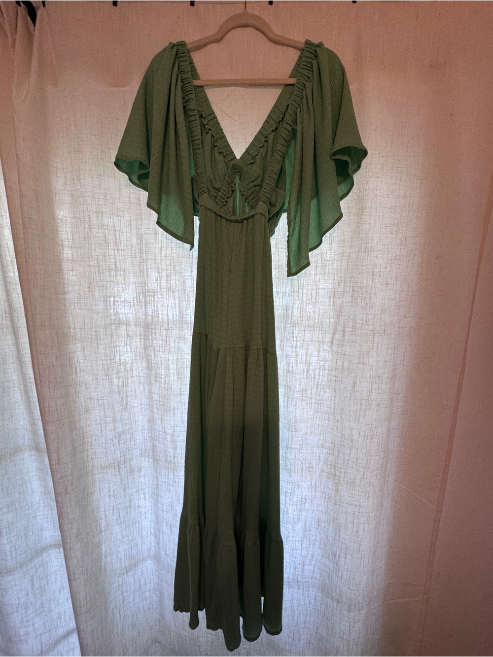 Lemon Olive Green V-Neck Maxi Dress with Flutter Sleeves - Picture 2 of 7